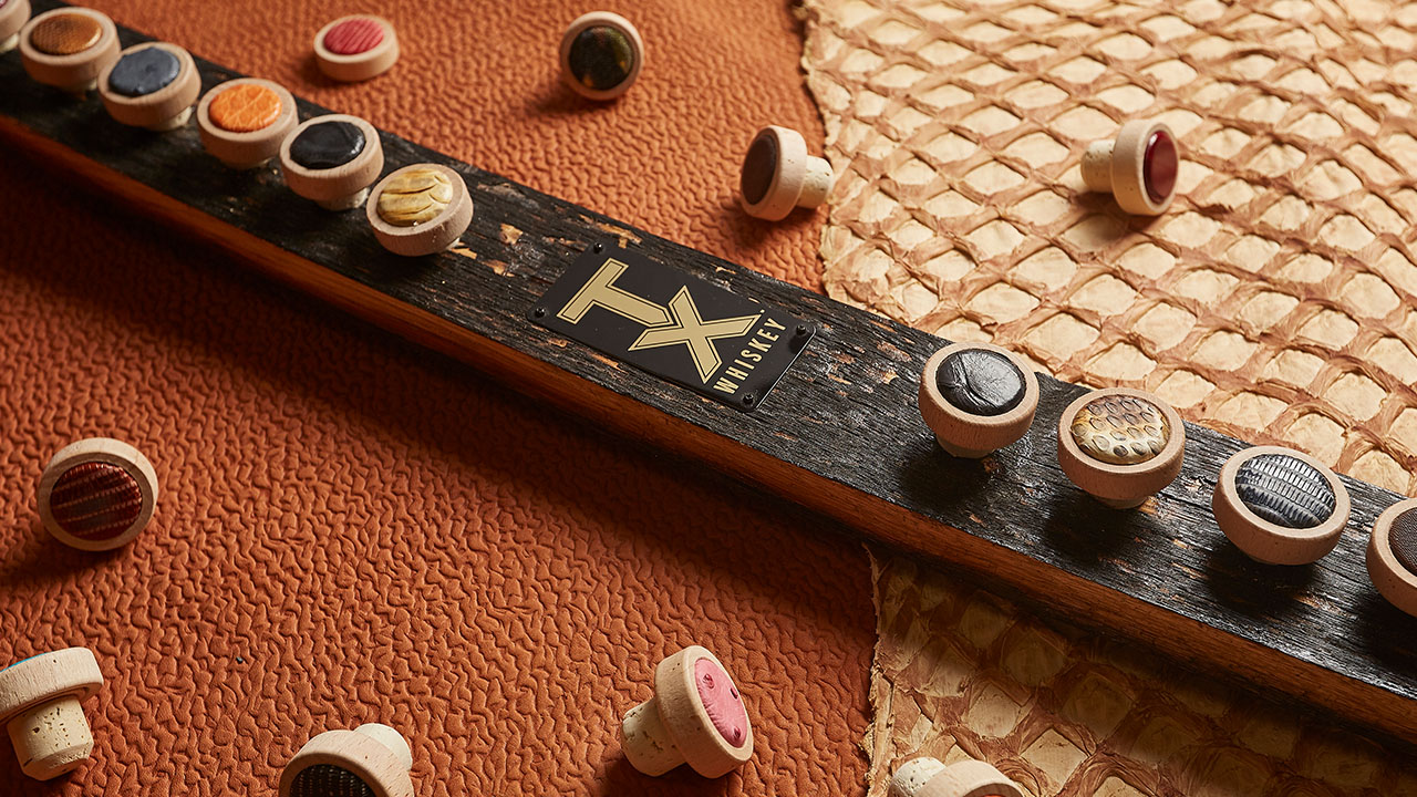 Bottle caps using an assortment of exotic leathers.